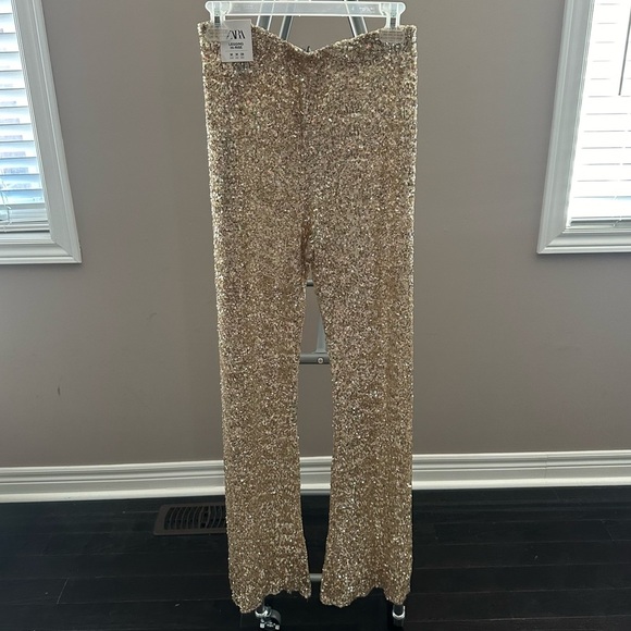 ZARA NWT LIMITED EDITION FLARED SEQUINNED LEGGINGS PANT GOLDEN 3028/020 MEDIUM - Picture 5 of 7